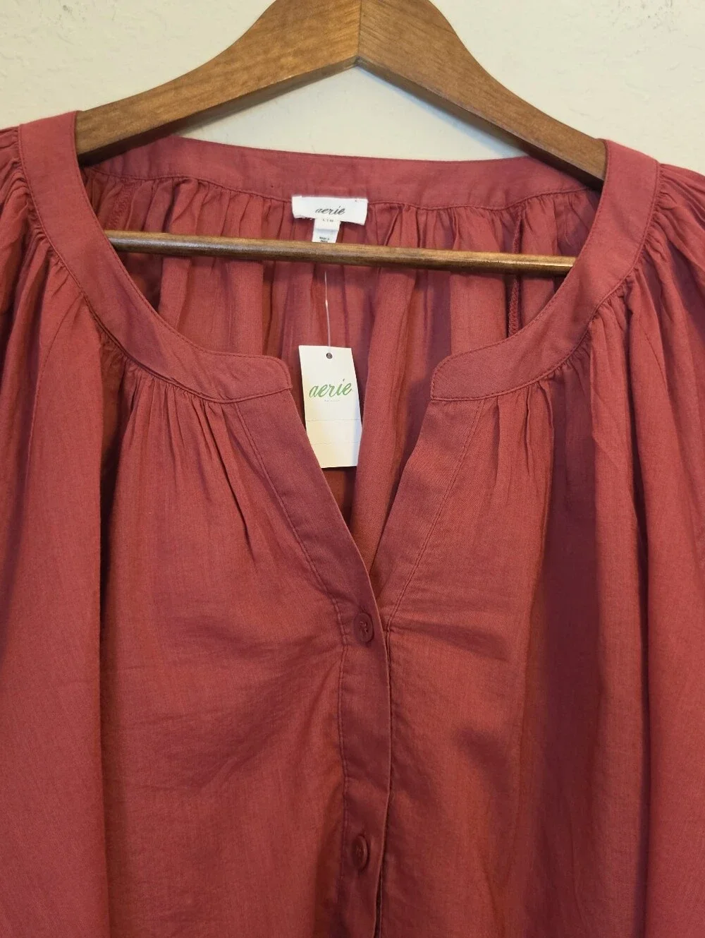 NWT Aerie Crochet Button Down Top Womens Large Rust Orange Lace Eyelet Sleeve